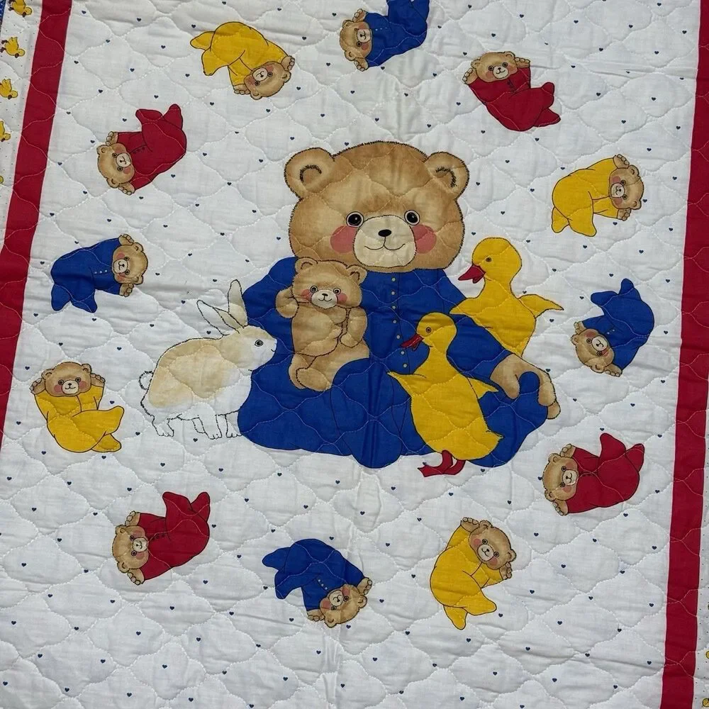 Vintage BABY Quilt Teddy Bears Ducks Striped Trim Blanklet Handmade Reversible